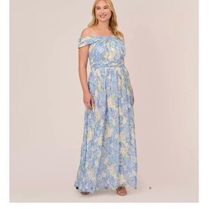 WATERCOLOR FLORAL PRINT GOWN WITH OFF THE SHOULDER NECKLINE IN BLUE MULTI